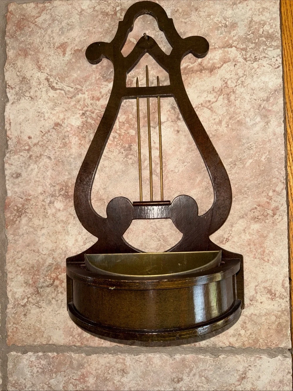 Antique Wooden Lyre Wall Pocket in Dark Brown - Unbranded